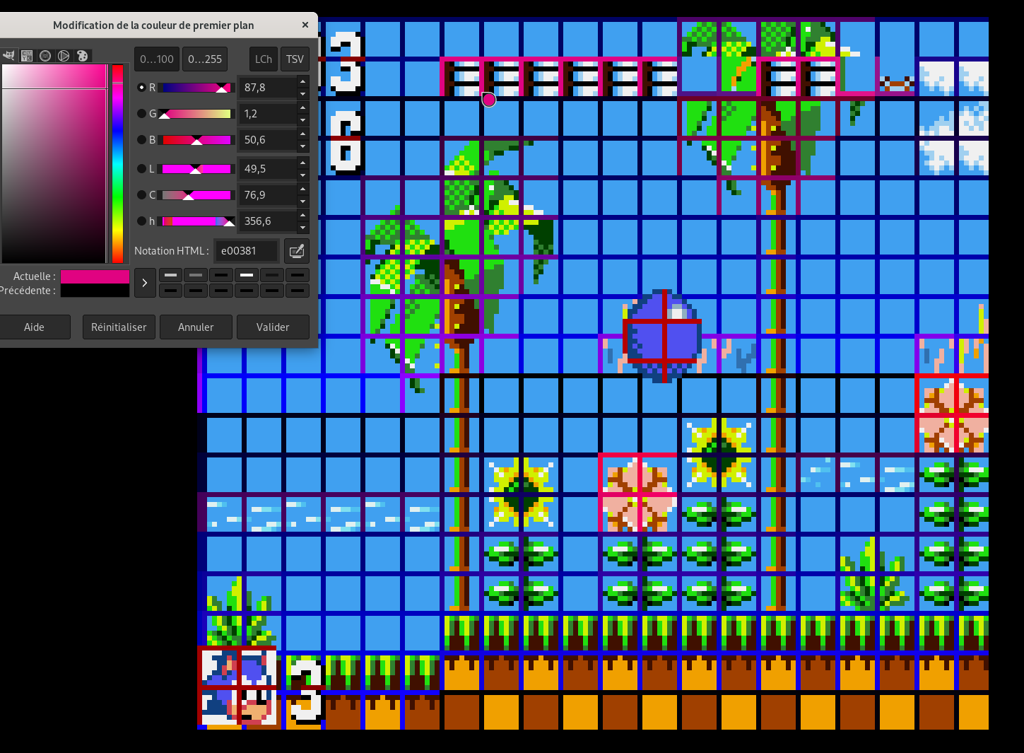 Screenshot of a game gear emulator showing sonic 1 game screen, with a grid of various colors for background and sprites.
A color tool from the gimp is measuring border color to get encoded information like pattern number, or background coordinates.