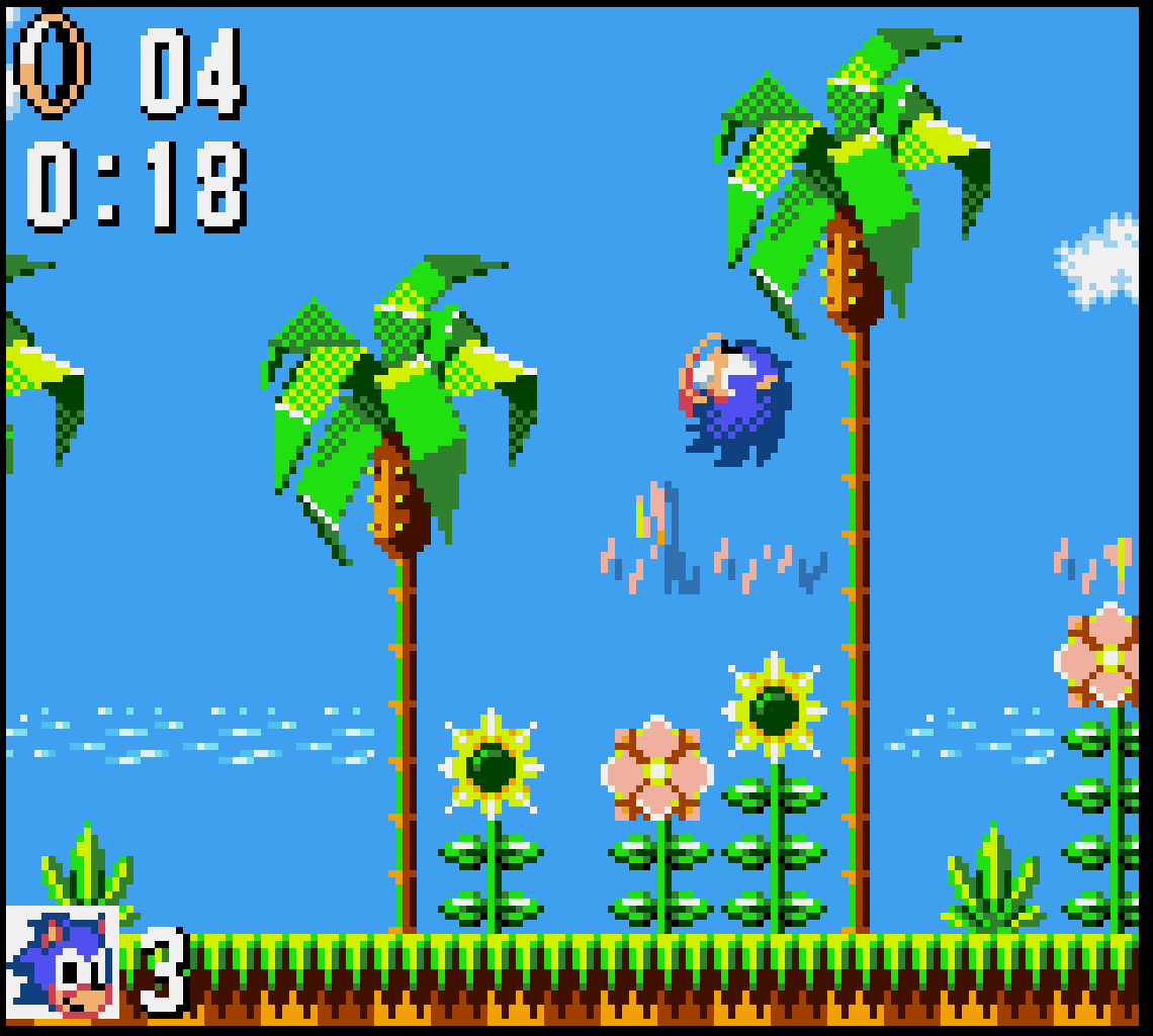 Screenshot of a game gear emulator showing sonic 1 game screen.
It should look perfectly normal to those who played the game, and is posted to play differences with the previous one.
The difference is that the level is flat: their isn't an extraneous raise of floor level that was there before, as well as a display bug with random data being displayed.